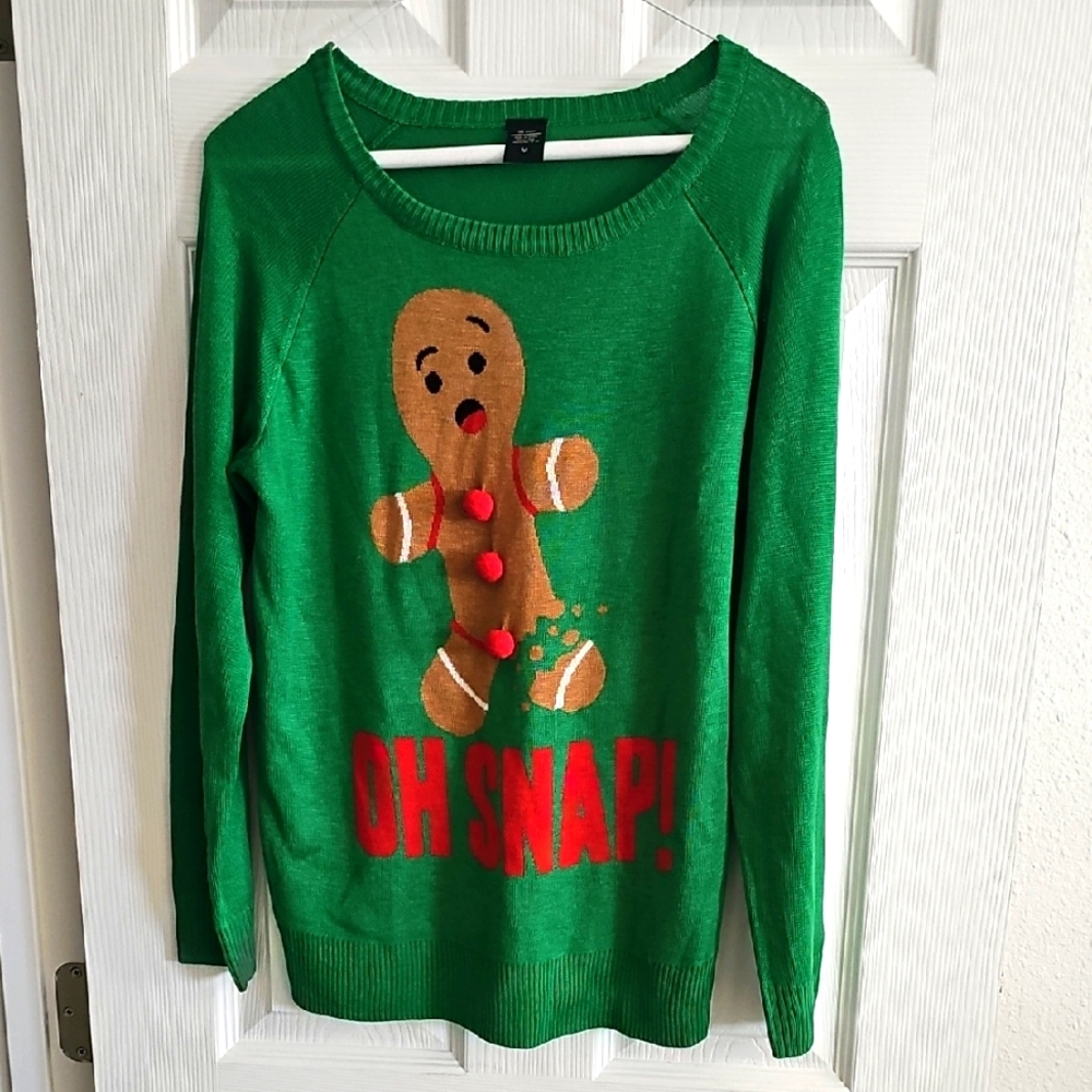 OH SNAP, Green Holiday Sweater with Gingerbread Design